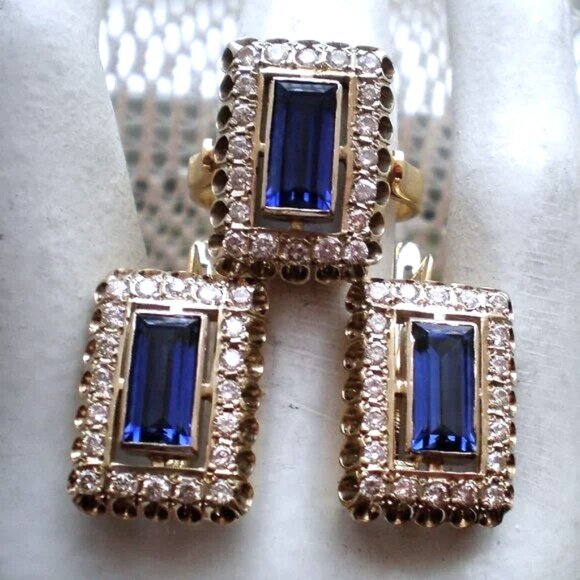 Russian USSR 18K 750 Yellow White Gold Diamond Sapphire Cluster Dangle Earrings - Picture 8 of 9